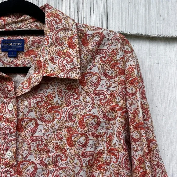 Pendleton Womens XL Orange Paisley Cotton Button Down Long Sleeve Shirt Pocket - Picture 3 of 8
